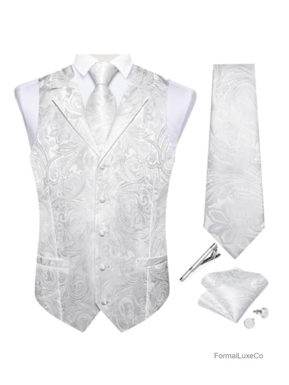 Silk Paisley Vest and Tie Set 5 Piece Jacquard Woven Wedding Formal